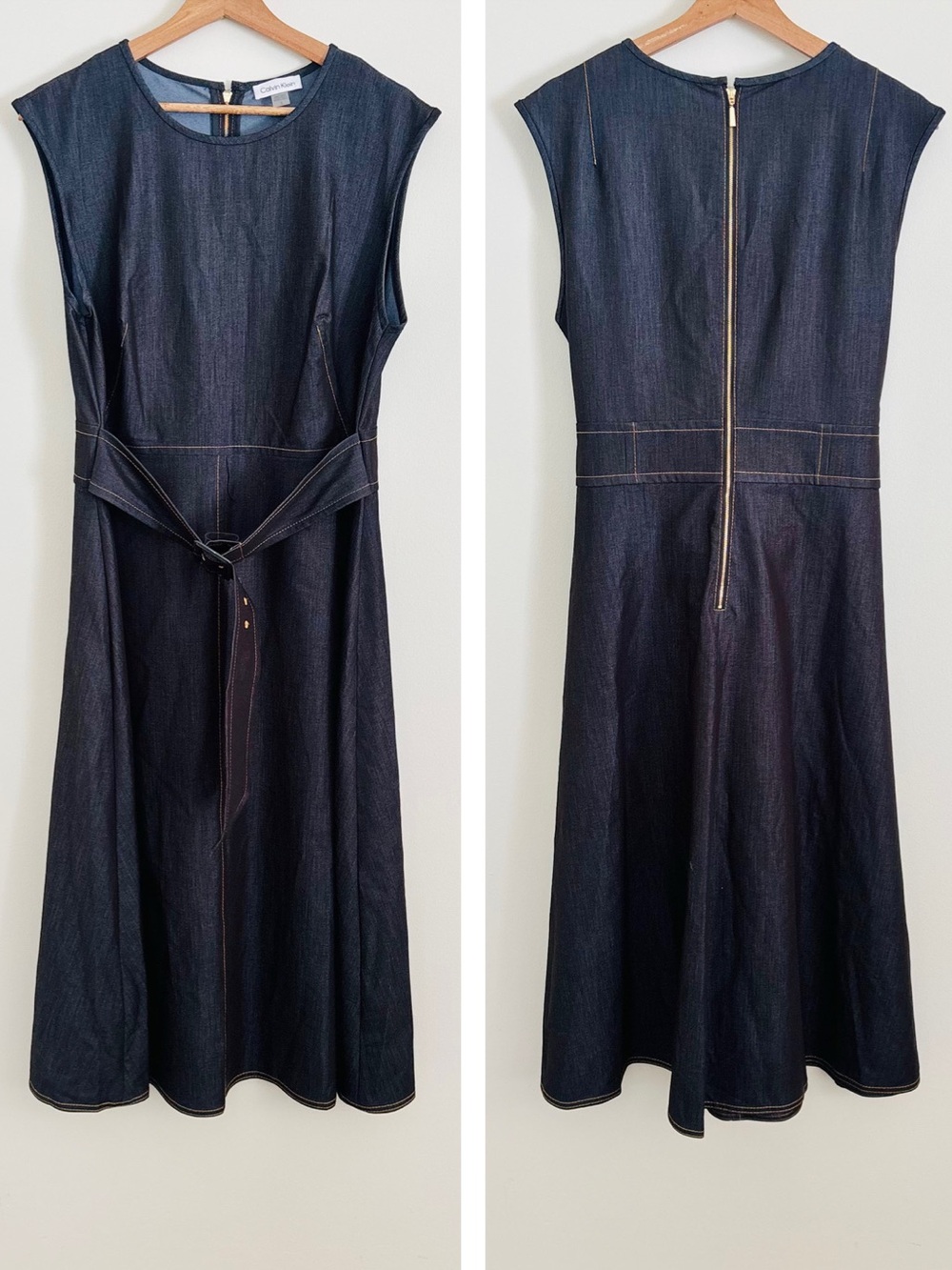 Calvin Klein Sleeveless Belted Chambray Midi Dress